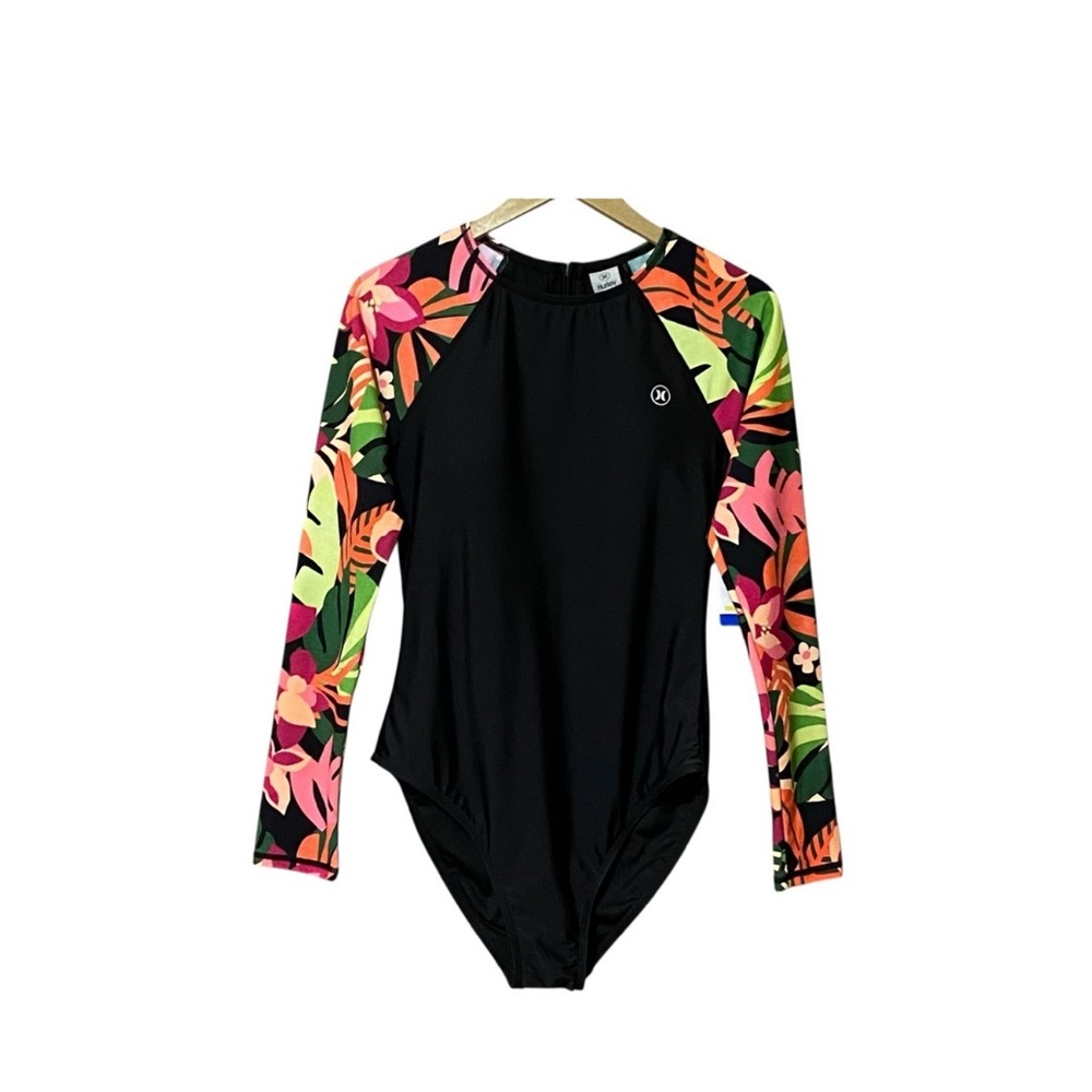 NWT HURLEY LONG SLEEVE BLACK FLORAL UPF SUN PROTECTION ONE PIECE SWIMSUIT LARGE